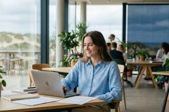 Jeune femme souriante dans un espace de coworking côtier