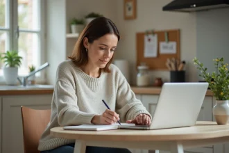 Femme travaillant à la maison avec ordinateur et notes