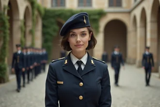 Jeune femme en uniforme militaire de l'école Saint-Cyr dans une cour historique pavée, regard déterminé et posture droite