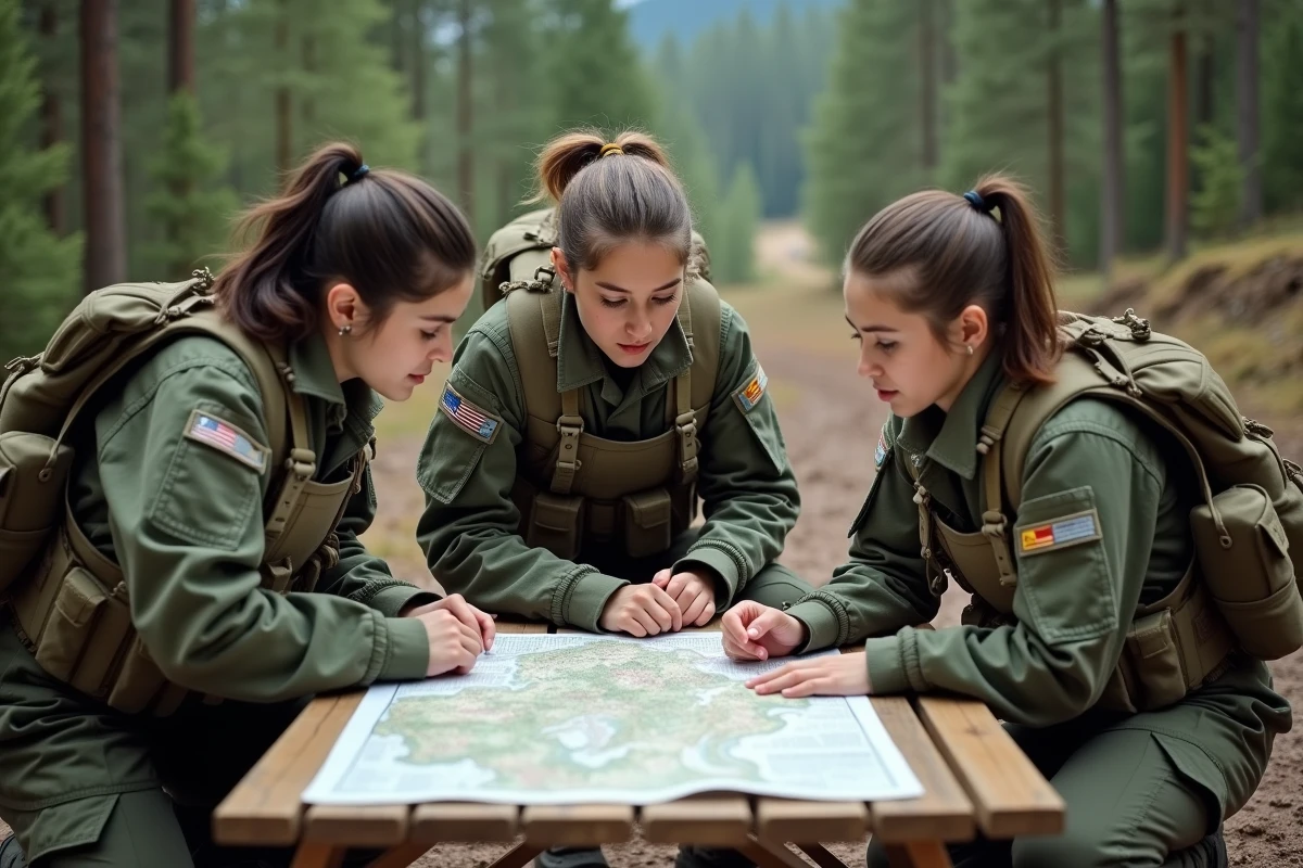 Trois jeunes femmes cadets en tenue de terrain étudiant une carte topographique lors d'un exercice militaire en forêt