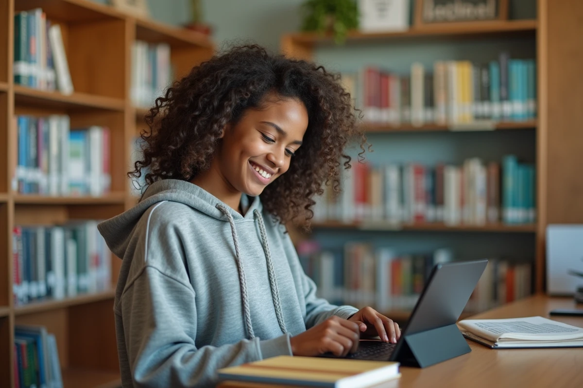 Fille étudiante utilisant une tablette à la bibliothèque