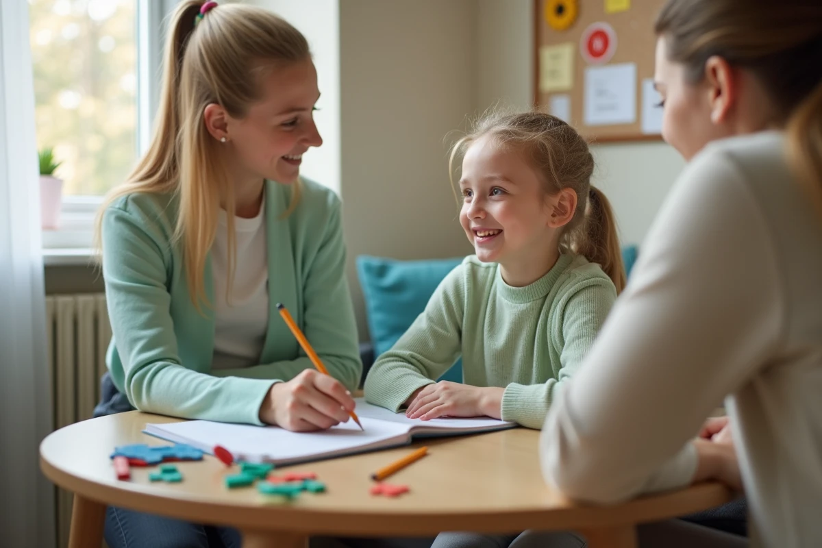 Fille de 12 ans travaillant avec une orthophoniste dans un cabinet