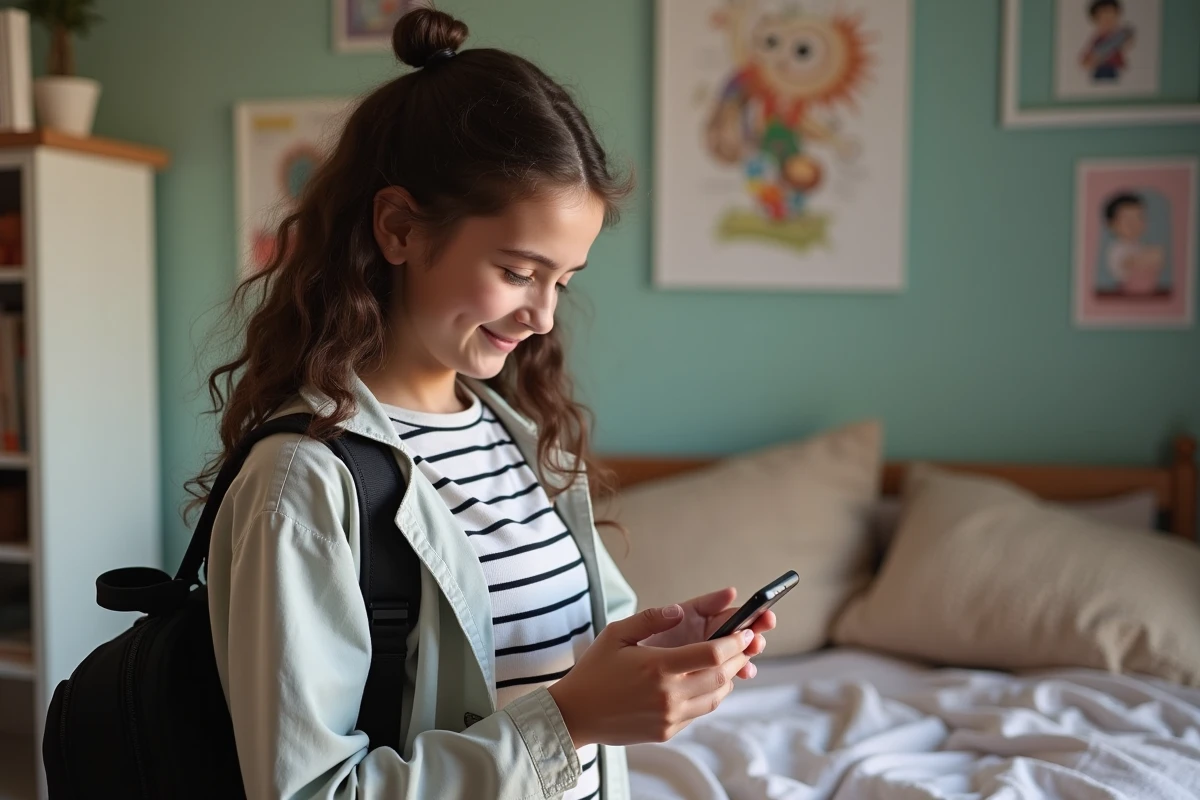 Fille de 14 ans utilisant son smartphone dans sa chambre