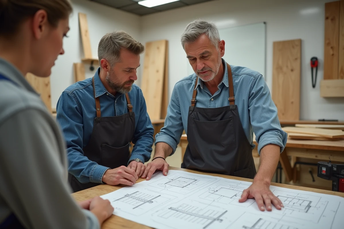 Formateur en menuiserie expliquant des plans techniques à des stagiaires dans un centre de formation professionnelle