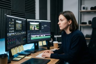 Jeune femme en formation audiovisuelle travaillant sur un logiciel de montage vidéo dans un studio de post-production professionnel