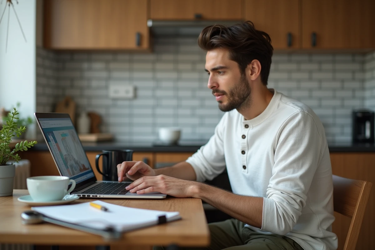 Jeune homme débutant suivant une formation bricolage en ligne sur ordinateur portable à table de cuisine avec outils et notes manuscrites