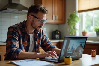 Homme adulte suivant une formation bricolage en ligne sur ordinateur portable avec outils posés sur une table en bois