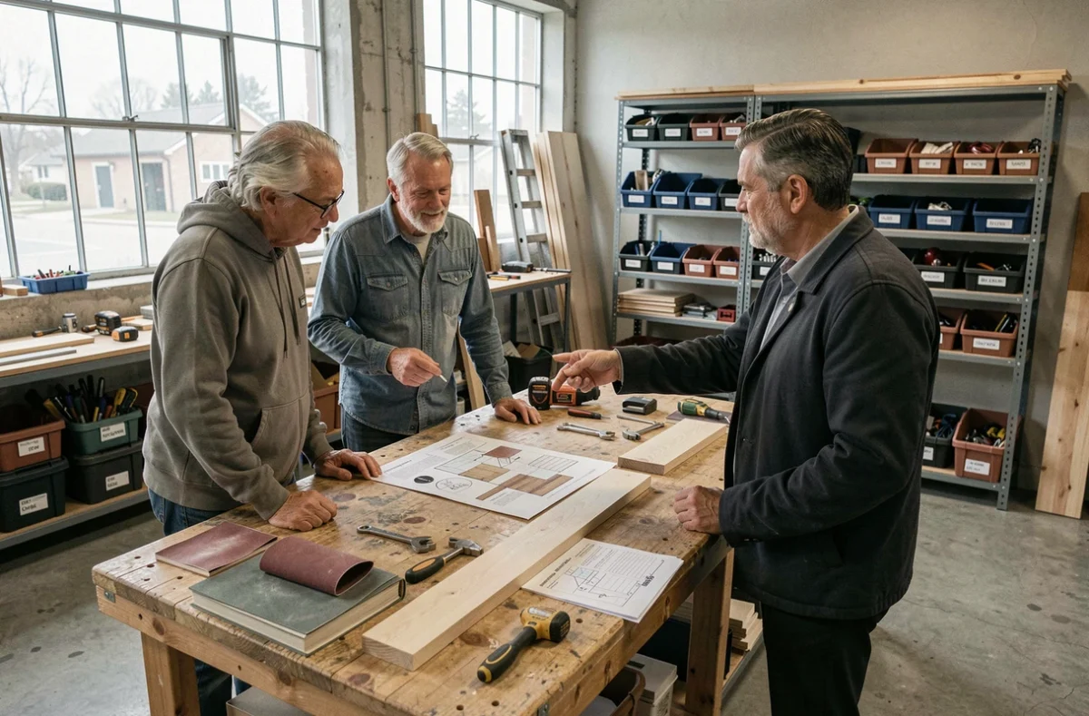 Groupe de participants adultes suivant un cours de bricolage débutant avec un formateur en atelier de rénovation