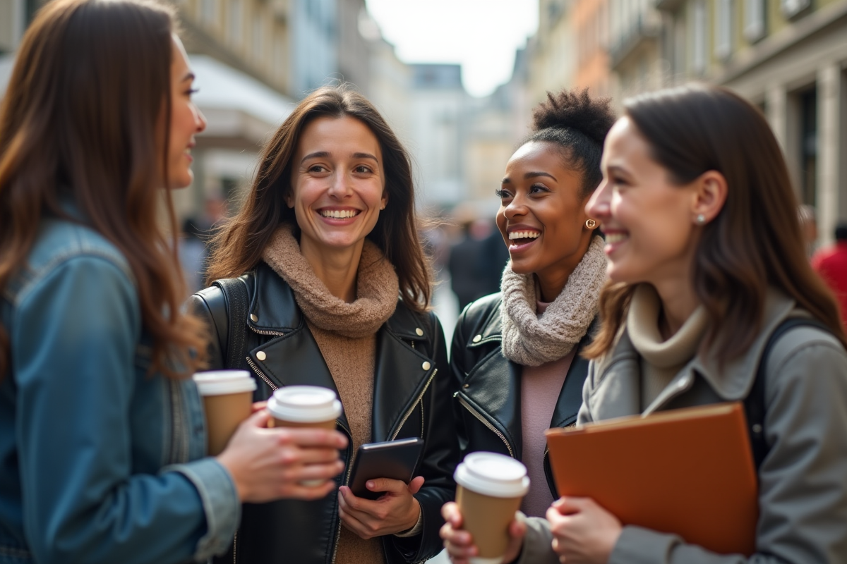 Groupe de personnes discutant dans une place urbaine animée