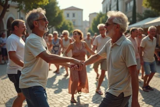Groupe d'adultes et seniors dansant le sirtaki en plein air