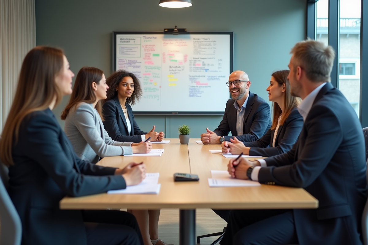 Groupe de professionnels en réunion d'équipe dynamique
