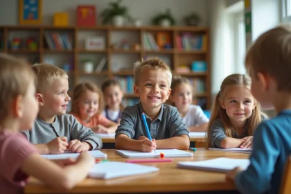 Enfants attentifs autour d'une table en classe lumineuse