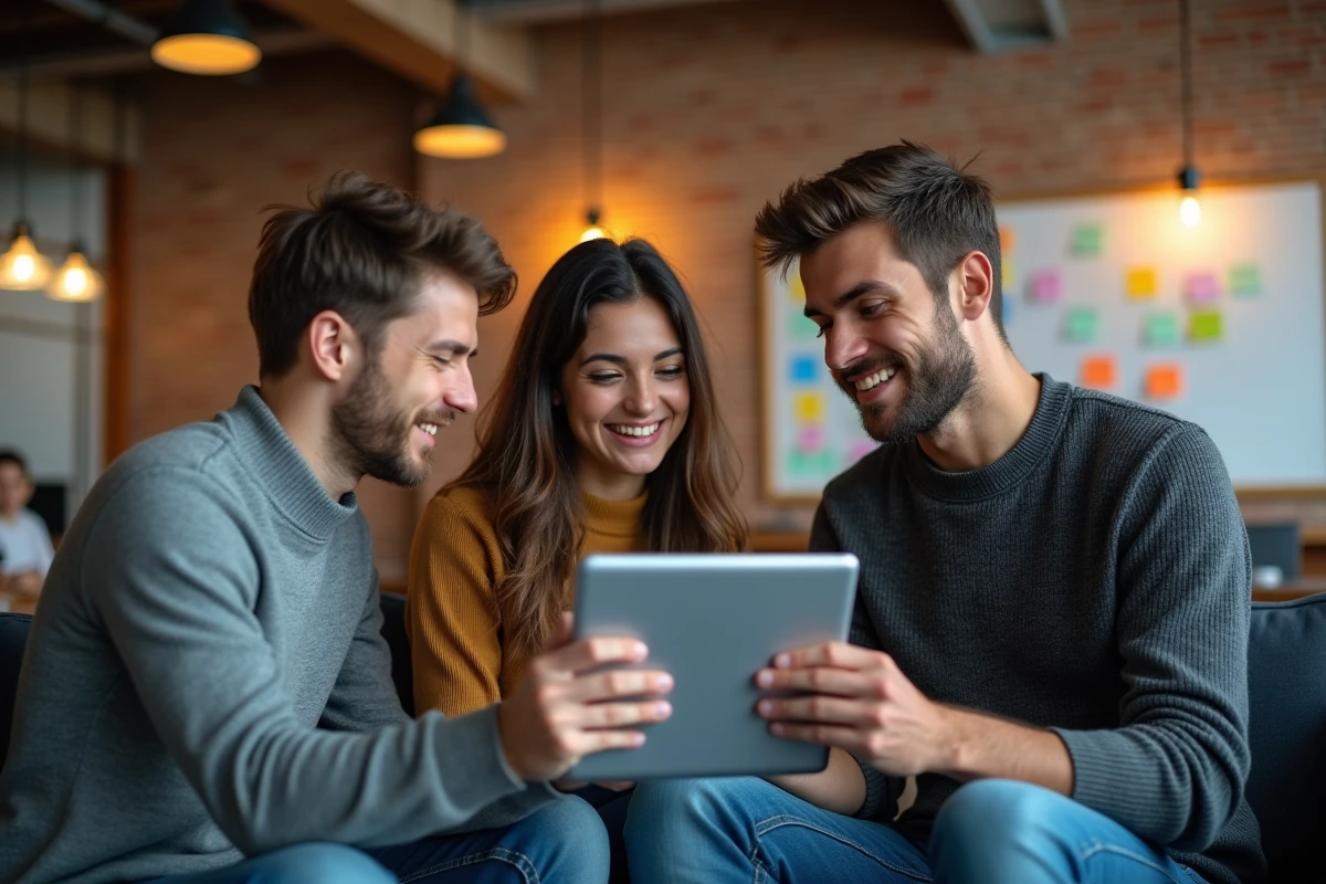 Groupe d'étudiants NEOMA découvrant ensemble les fonctionnalités du portail étudiant Neomagora sur une tablette