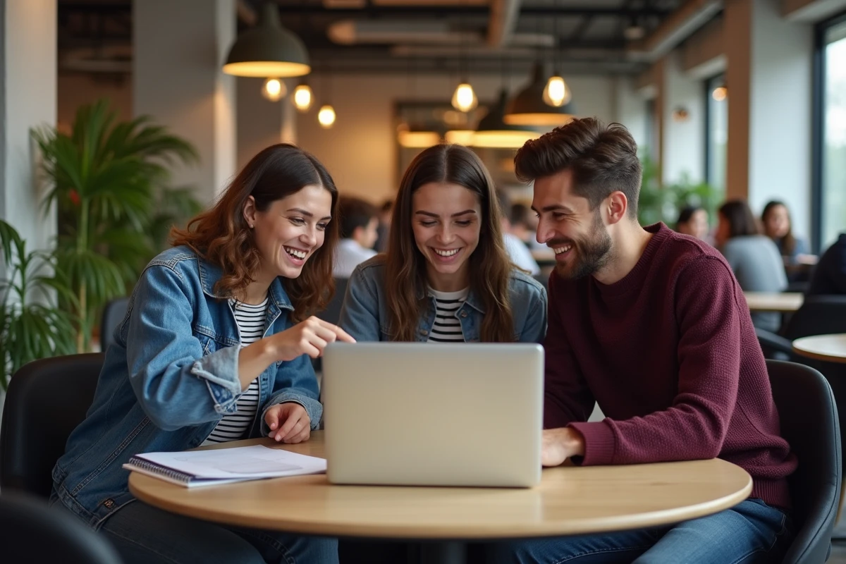Groupe d'étudiants révisant ensemble en utilisant l'extranet ESG sur un ordinateur portable dans un espace de travail collaboratif