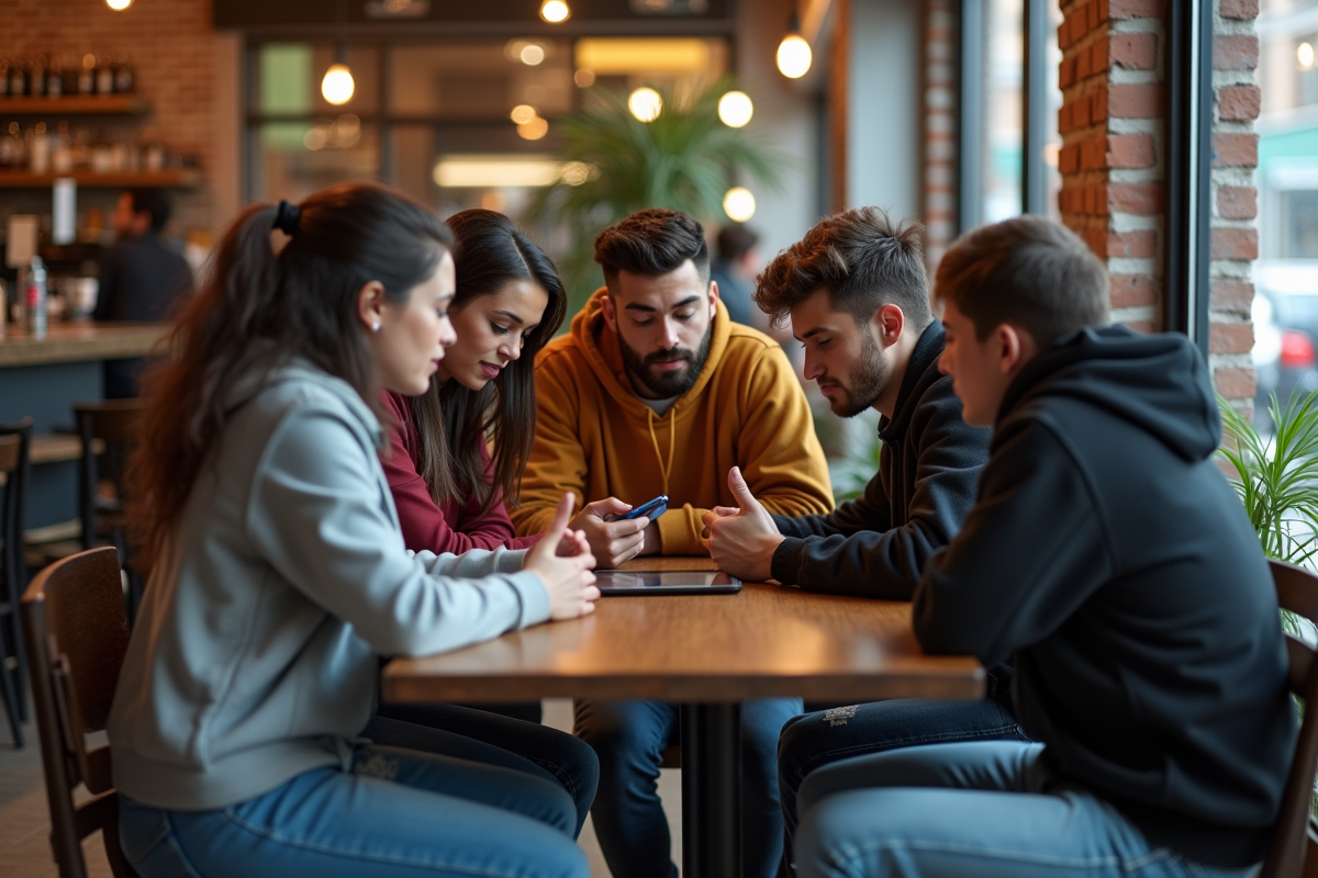 Groupe de jeunes Generation Z discutant au café