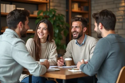Jeunes adultes discutant dans un café chaleureux