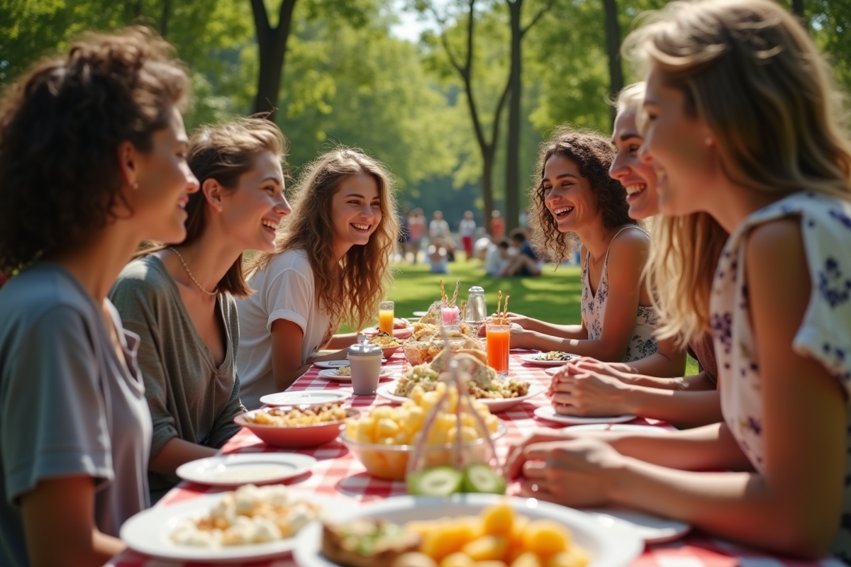 Jeunes adultes rient lors d'une fête en plein air