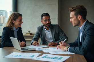 Groupe de professionnels en réunion dans une salle moderne