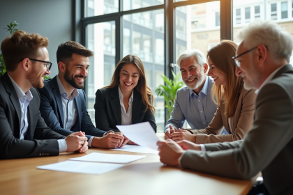 Groupe diversifié de professionnels discutant d'un contrat au bureau