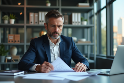 Homme d'affaires en costume bleu revoyant des rapports financiers