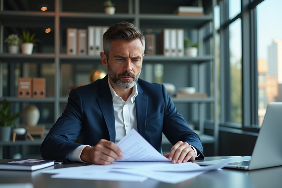 Homme d'affaires en costume bleu revoyant des rapports financiers