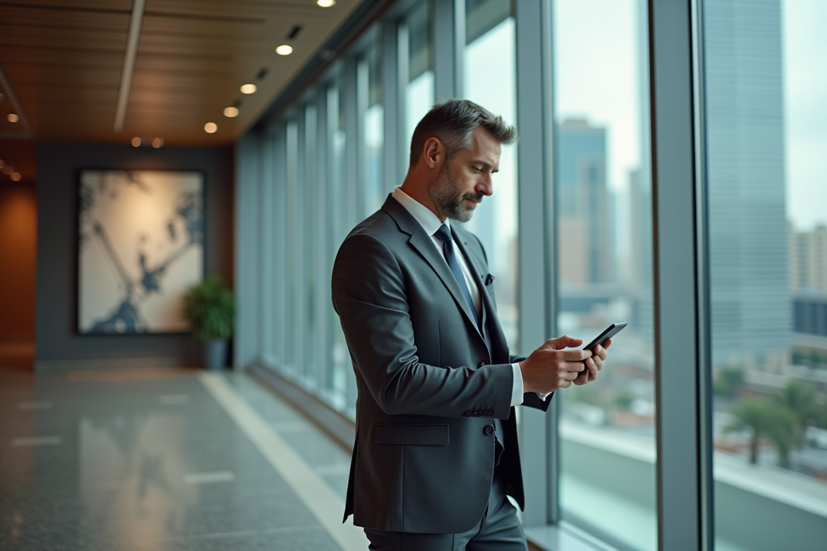 Homme d affaires regardant son smartphone dans un lobby urbain