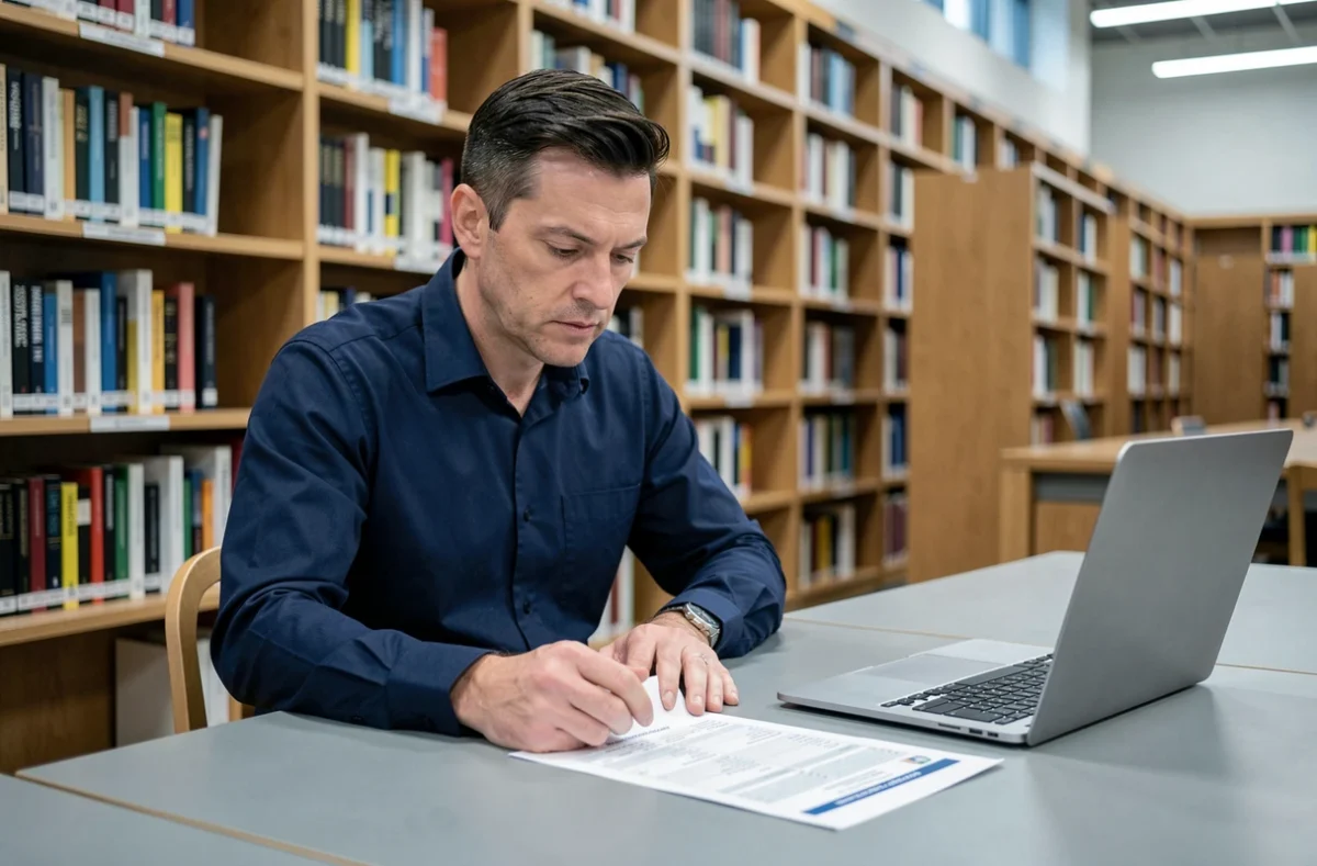 Homme analysant les résultats d'un test de QI imprimés dans une bibliothèque publique