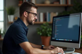 Homme en polo bleu travaillant sur un ordinateur au bureau