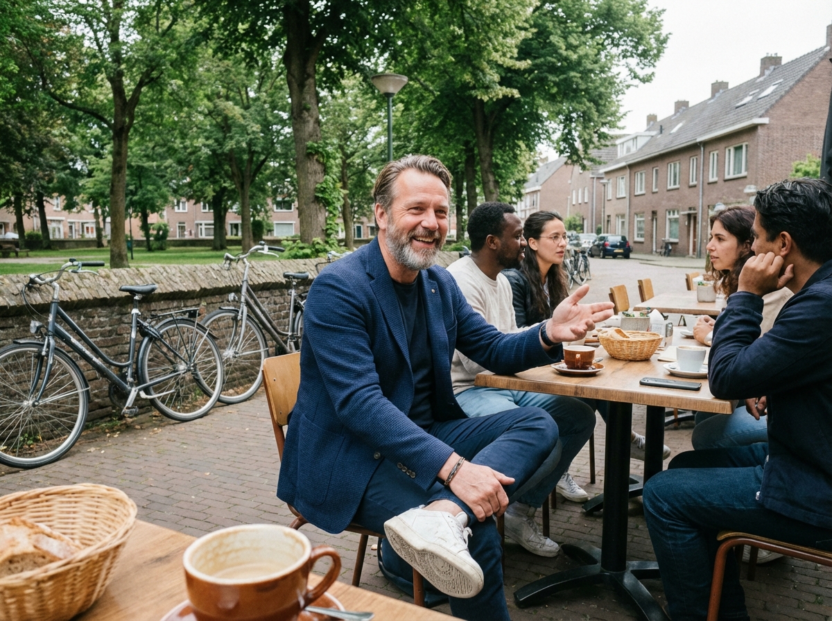 Homme souriant à une terrasse de café en ville