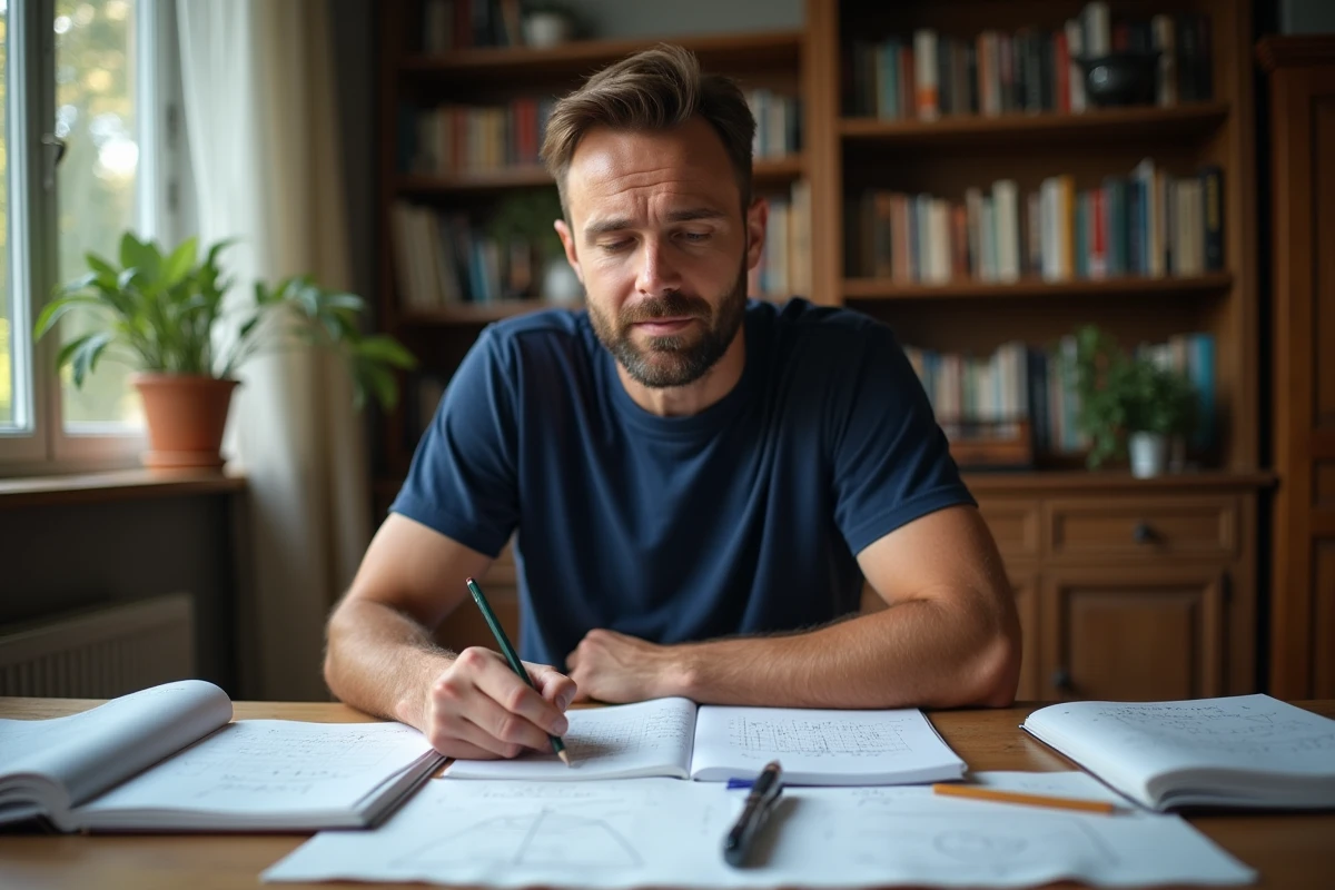 Homme étudiant les calculs de vecteurs sur du papier millimétré dans un bureau à domicile avec des manuels de mathématiques