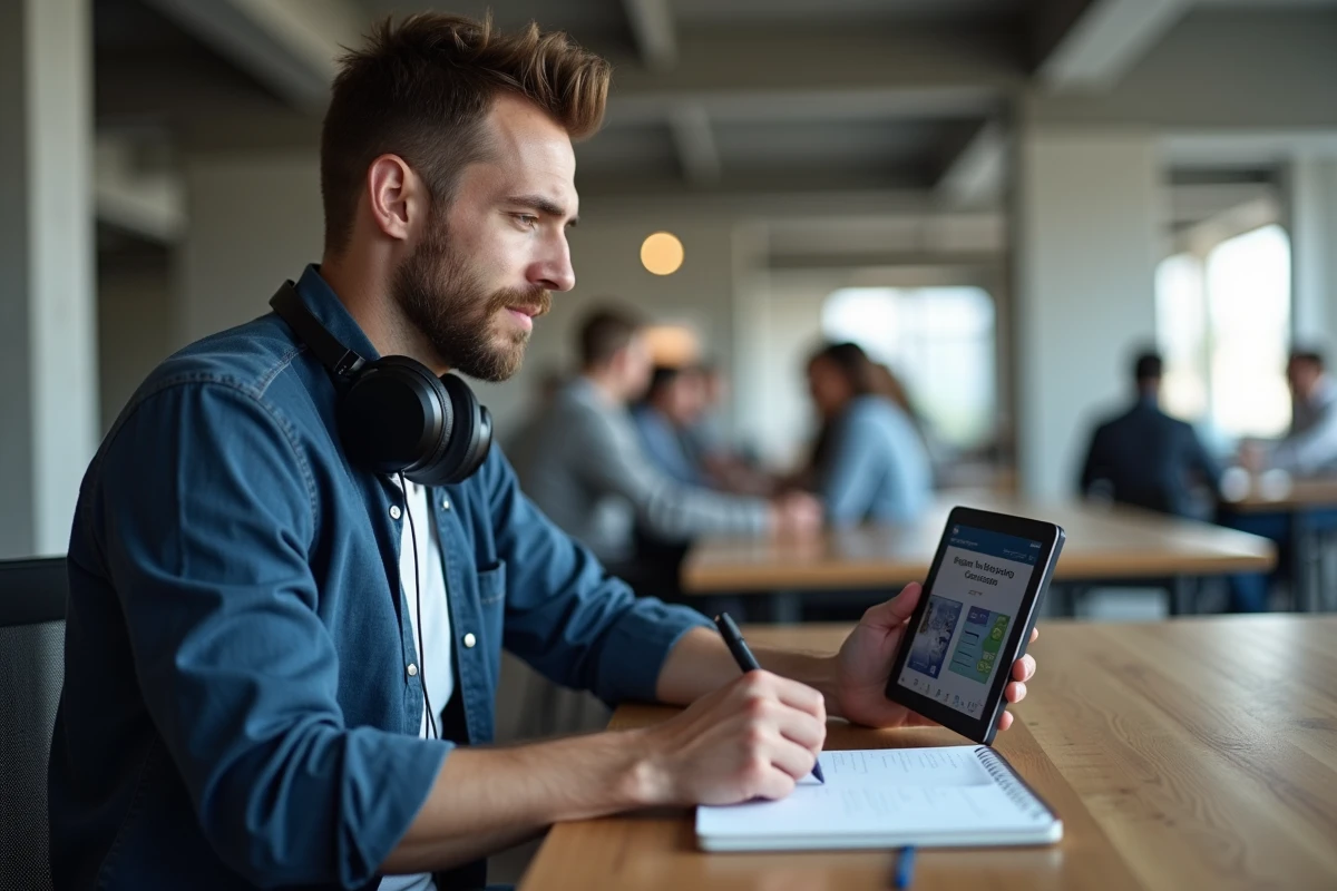Jeune professionnel suivant une formation en marketing digital sur tablette dans un espace de coworking