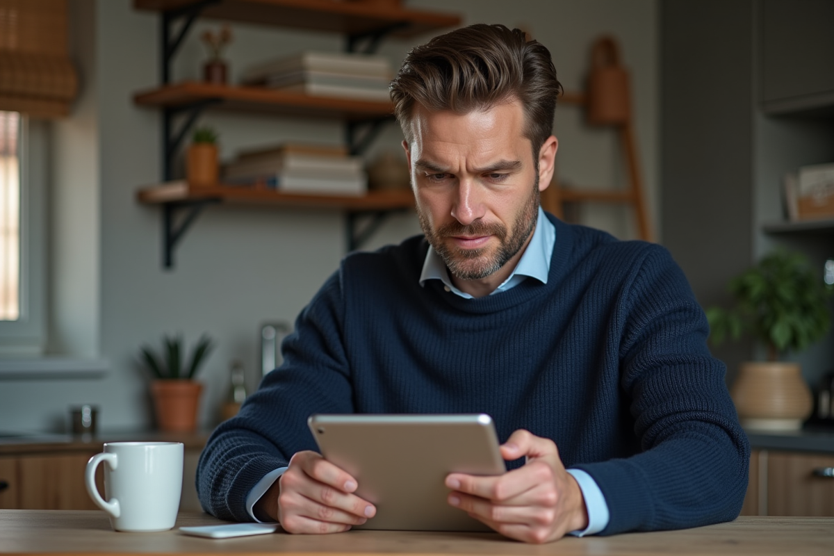 Homme à la maison suivant une formation en ligne sur tablette