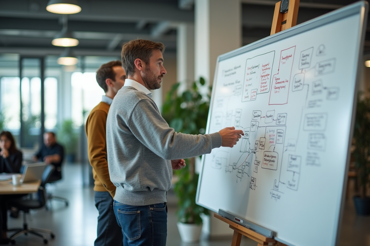 Homme en business casual expliquant des diagrammes à ses collègues