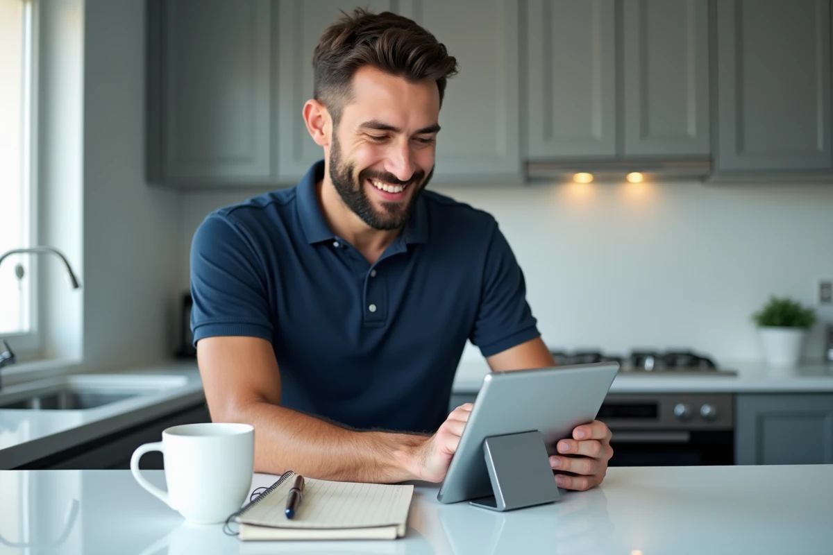 Homme en train de consulter des modules de formation en ligne sur une tablette numérique dans une cuisine moderne, avec un cahier de notes et une tasse de café à côté