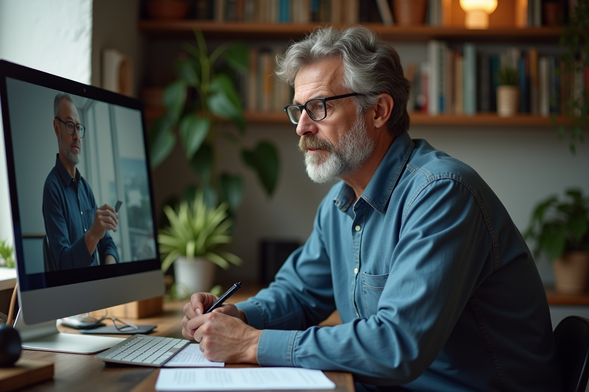 Homme d age en concentration lors d une formation en ligne