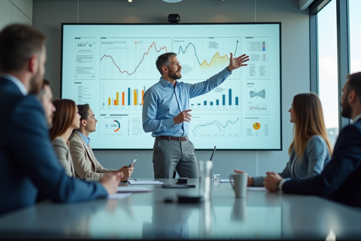Manager financier présentant des chiffres en réunion