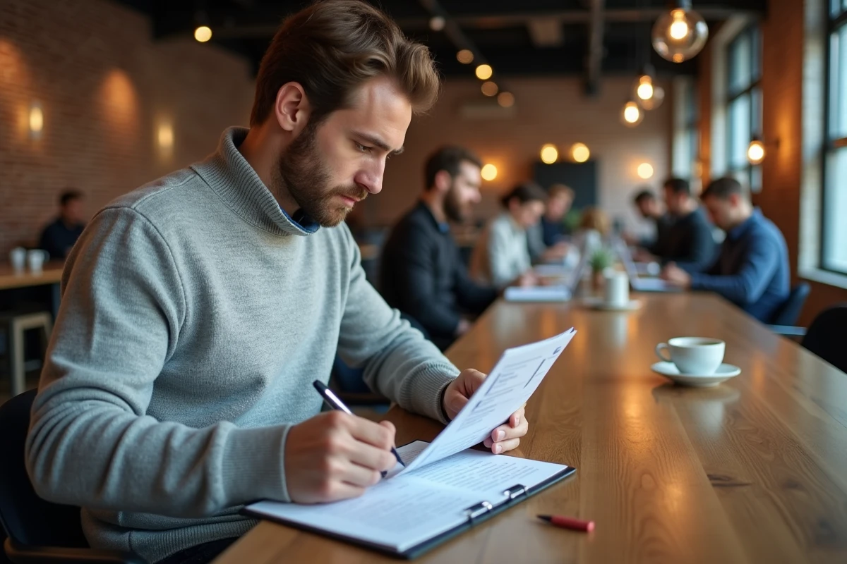 Homme prenant des notes pour optimiser son profil LinkedIn dans un espace de coworking avant une formation professionnelle