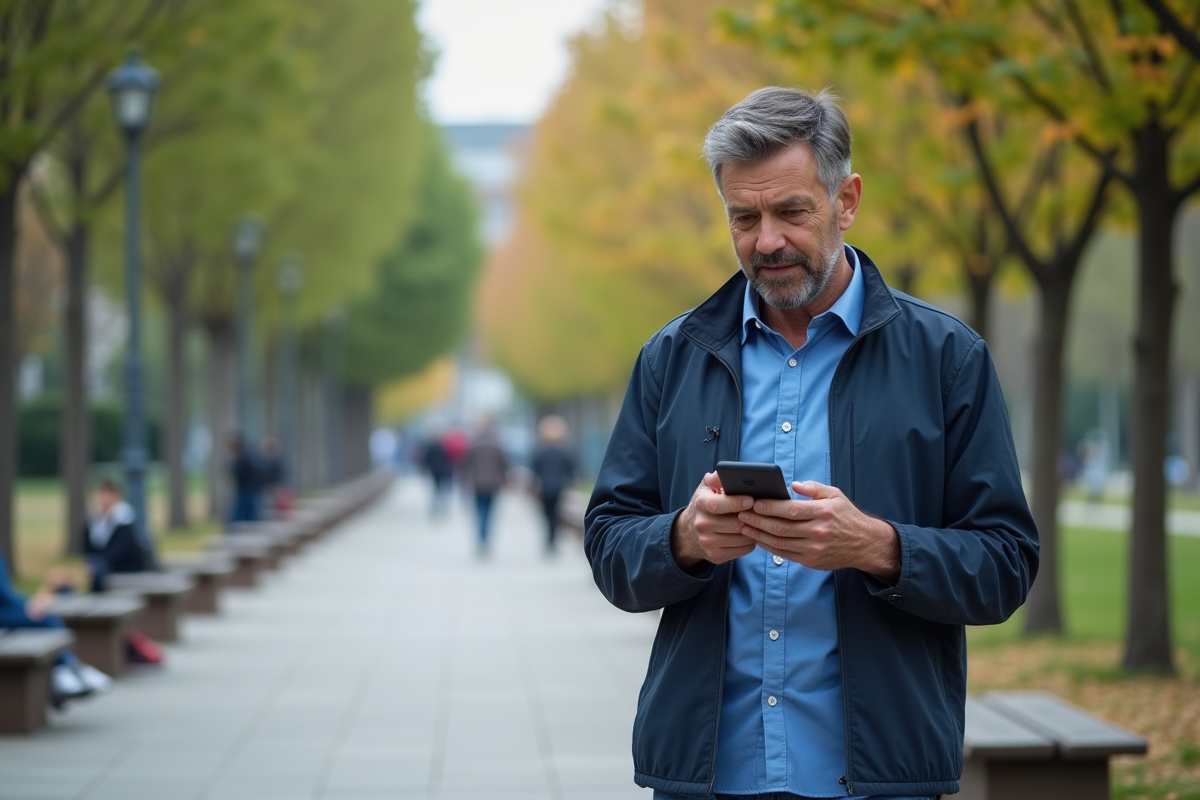 Homme dans un parc urbain prenant une décision sur son smartphone