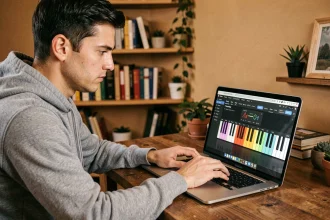 Homme jouant du piano virtuel sur un ordinateur portable avec un logiciel de clavier à l'écran