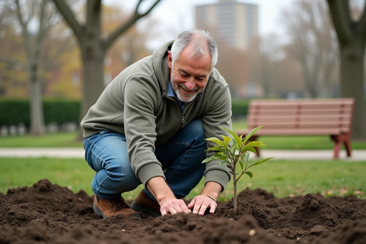 Homme d age plante un jeune arbre dans un parc communautaire