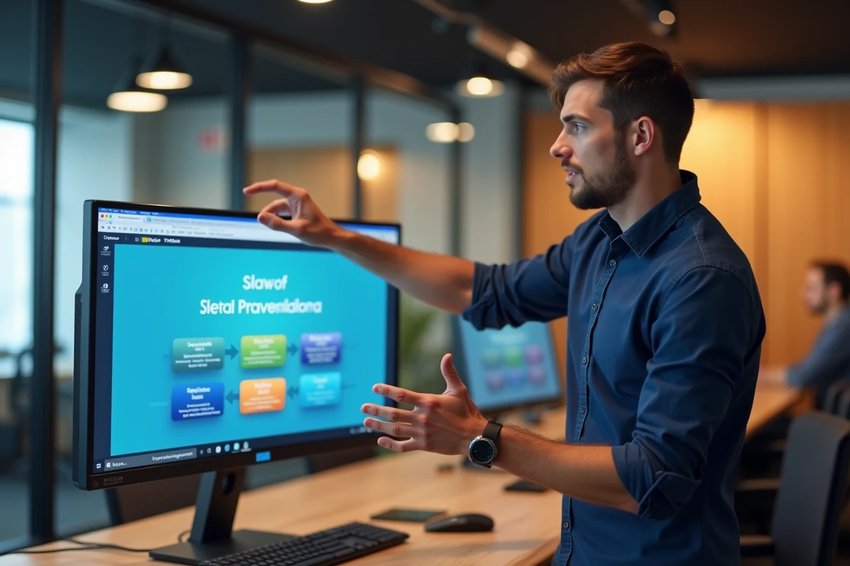 Homme présentant une création Canva sur grand écran dans un espace de coworking lors d'une session de formation professionnelle