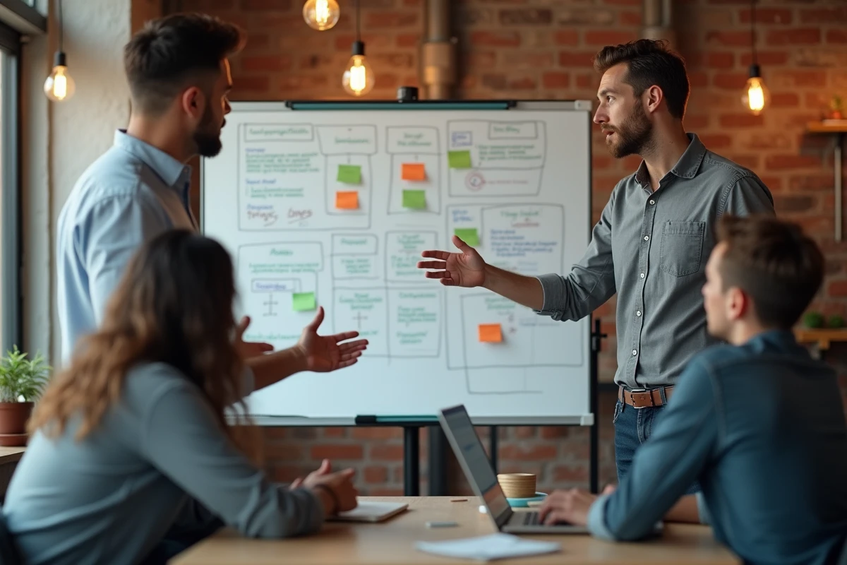 Jeune homme présentant un projet sur un tableau blanc dans un espace de coworking, représentant les opportunités de métiers bien payés accessibles via une formation numérique