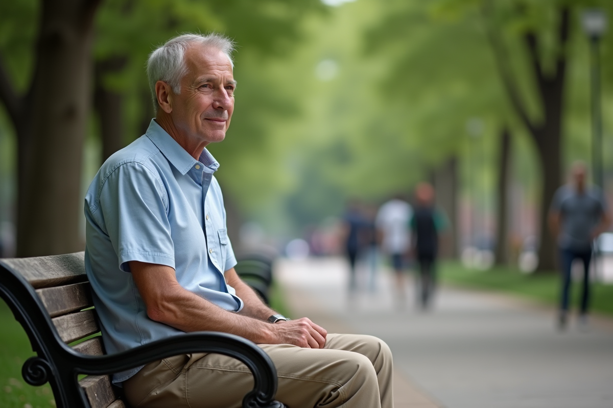 Homme assis sur un banc dans un parc urbain calme