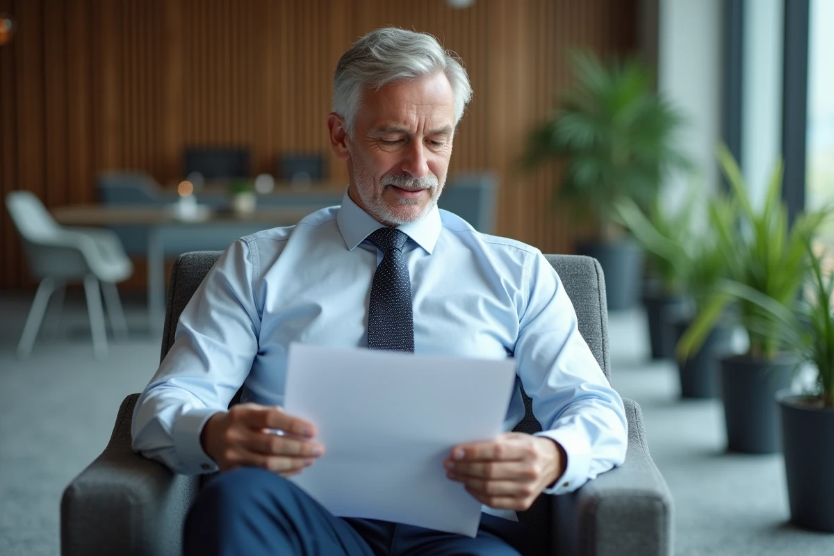 Homme relisant une lettre de motivation dans un lobby
