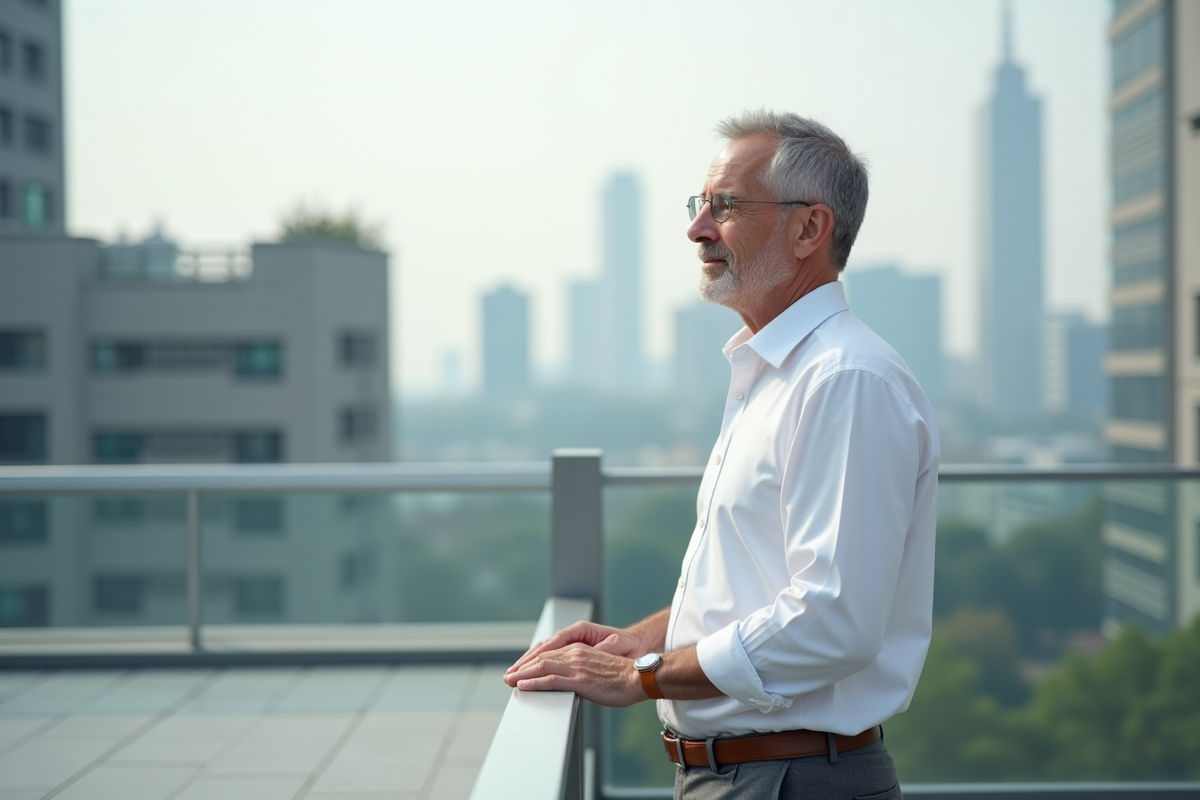 Homme regardant la ville depuis un toit en terrasse