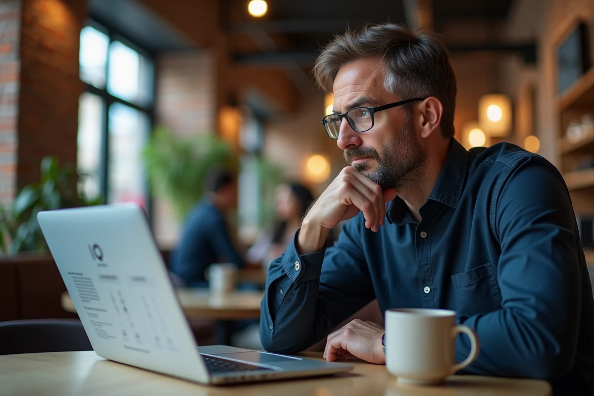 Homme adulte concentré passant un test de QI en ligne sur un ordinateur portable dans un café moderne