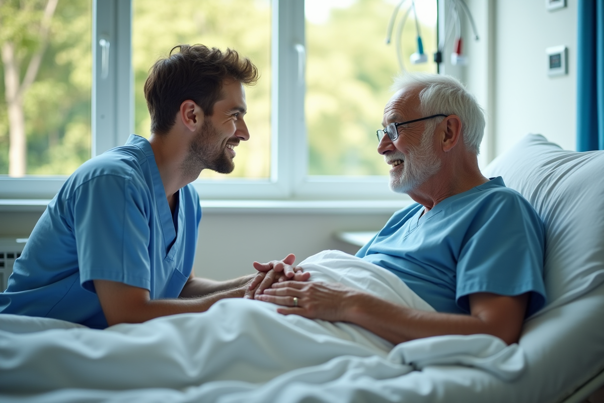Infirmier rassurant auprès d’un patient âgé à l’hôpital