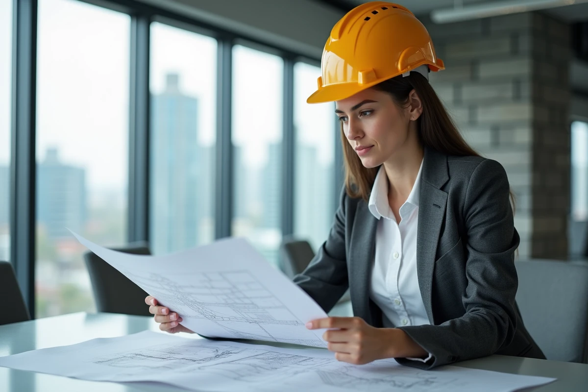 Ingénieure civile en intérieur avec plans architecturaux