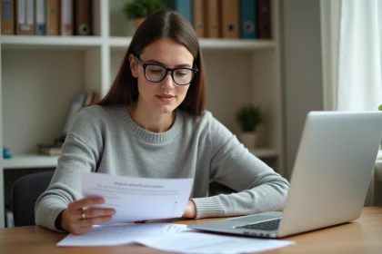 Femme consultant des documents administratifs pour son inscription à Pôle emploi sur un ordinateur portable à domicile