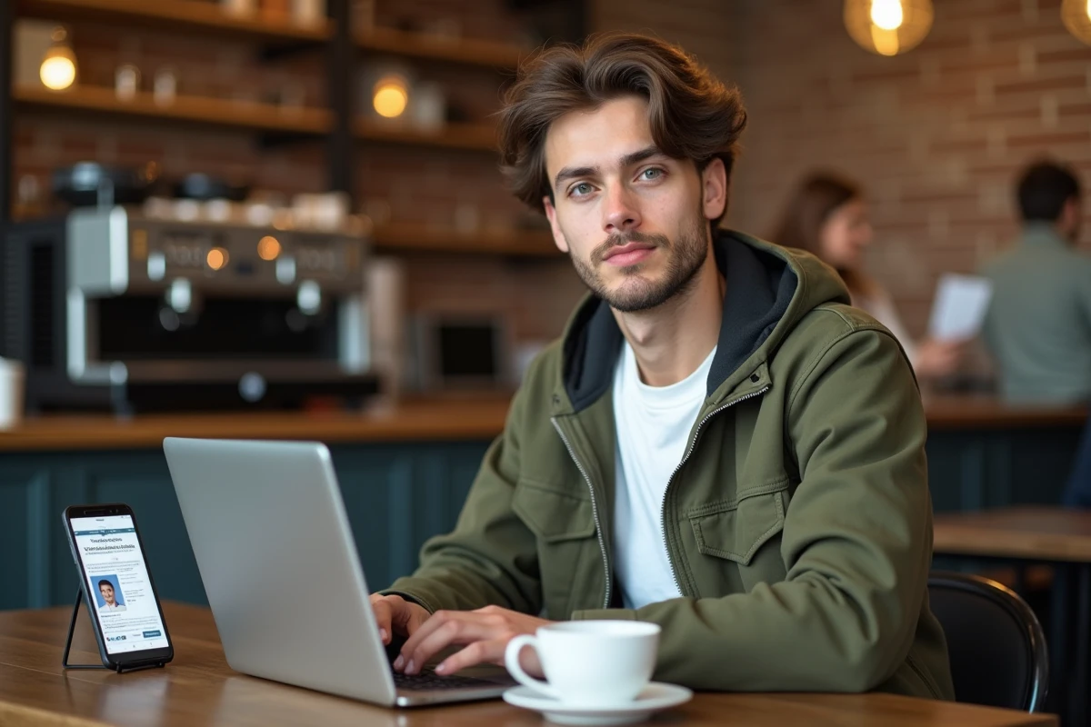 Jeune adulte complétant son dossier d'inscription Pôle emploi en ligne depuis un café avec laptop et smartphone